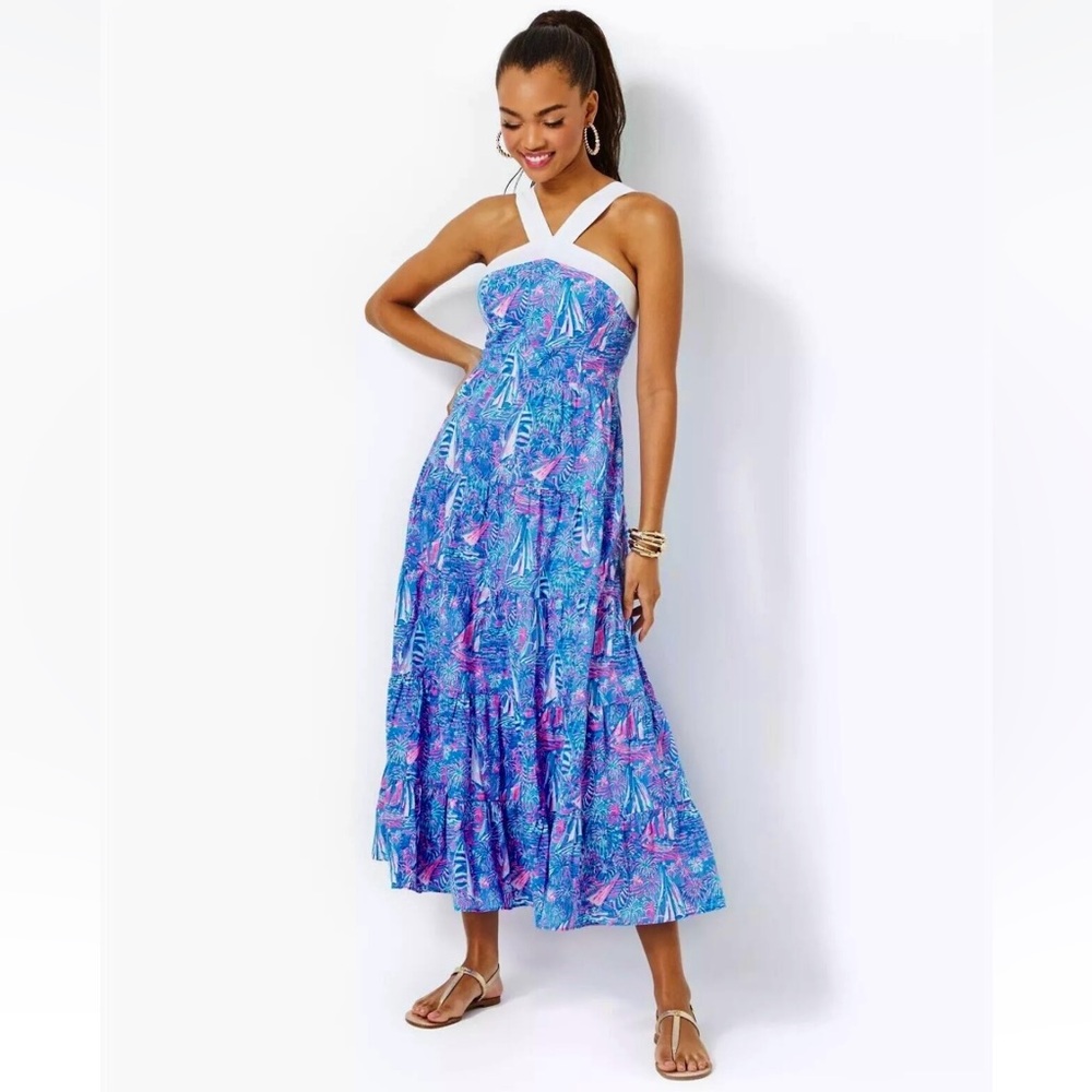 Lilly Pulitzer Jenette Halter Maxi Dress Boca Blue Its Sailabration Print NWT - Picture 15 of 16
